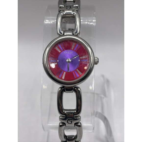 Guess Women's Quartz Watch Pink/Purple Dial Silver Band- New Battery - Picture 1 of 9